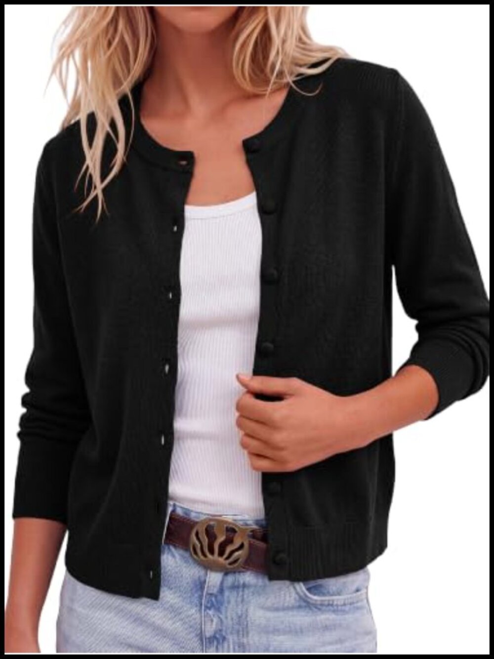 Women's Button Front Crew Neck Cardigan Sweater Long Sleeve Knit
